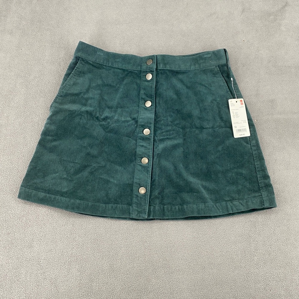 Uniqlo Womens Corduroy Mini Skirt Dark Green Button Front Size 12 453042